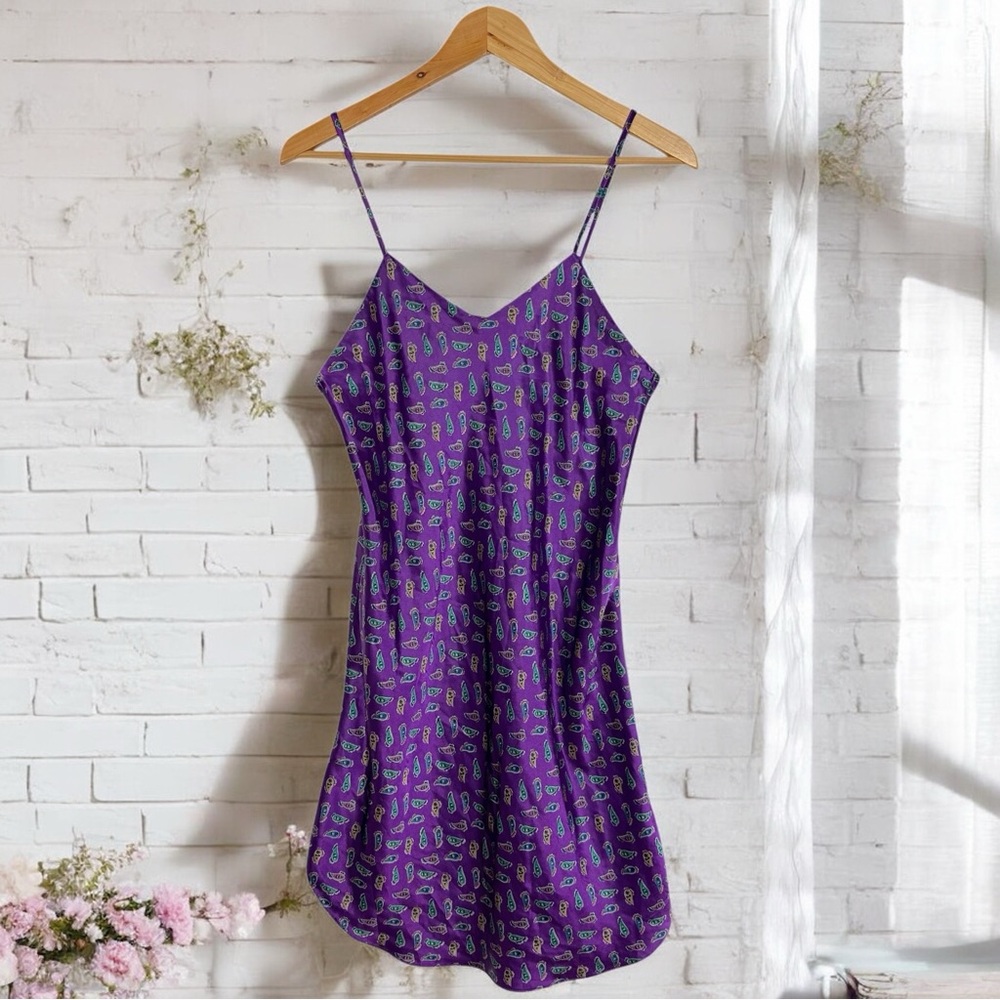 Vintage 80s Paisley Printed Silky V Neck Mini Strap Lingerie PJ Mini Slip Dress